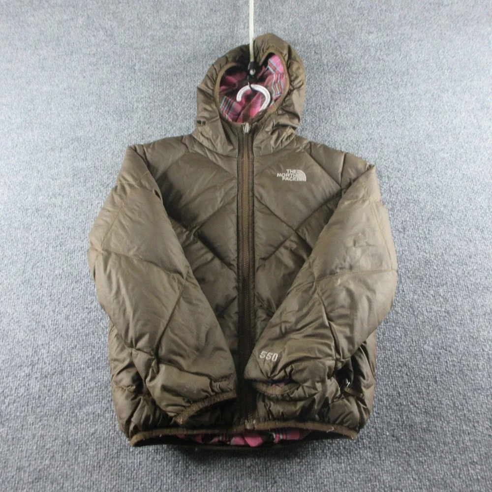 The North Face 550 Puffer Jacket Girls L? Brown Plaid Full Zip Reversible Hooded